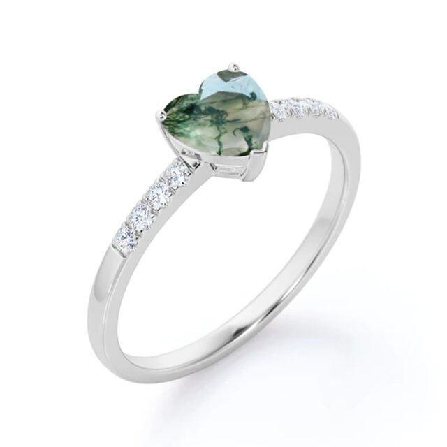 14K White Gold Heart Shaped Moss Agate Personalized Engraving Engagement Ring Band-4