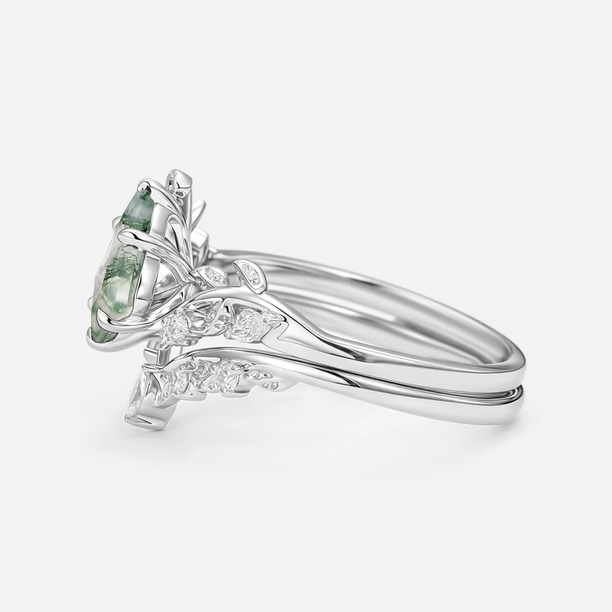 Anillo de compromiso de oro blanco de 14 quilates con hojas de corte de cometa y ágata musgosa-3