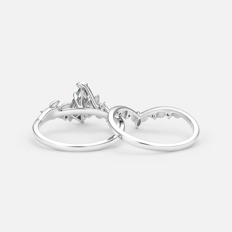 Sterling Silver with Rose Gold Plated Kite Cut Leaves Moss Agate Engagement Ring-5