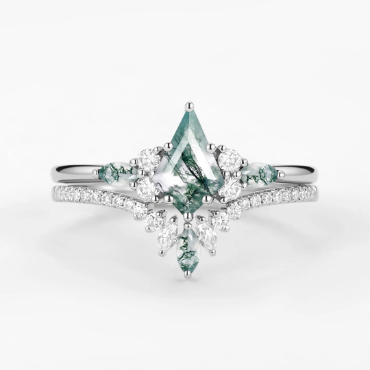 Sterling Silver Kite Cut Moss Agate Engagement Ring
