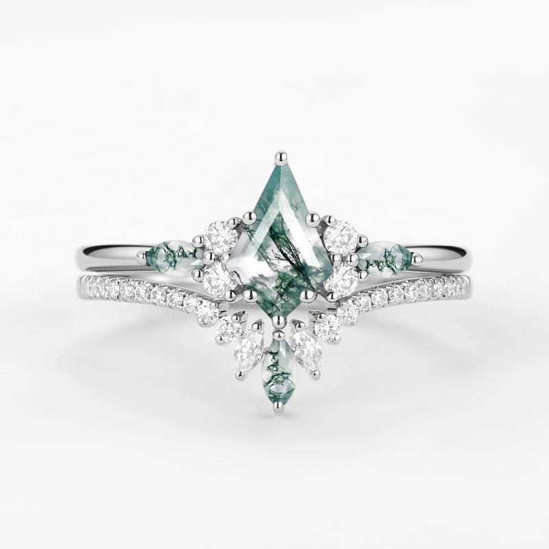 Bague de fiançailles en argent sterling et agate mousse taillée en cerf-volant-16