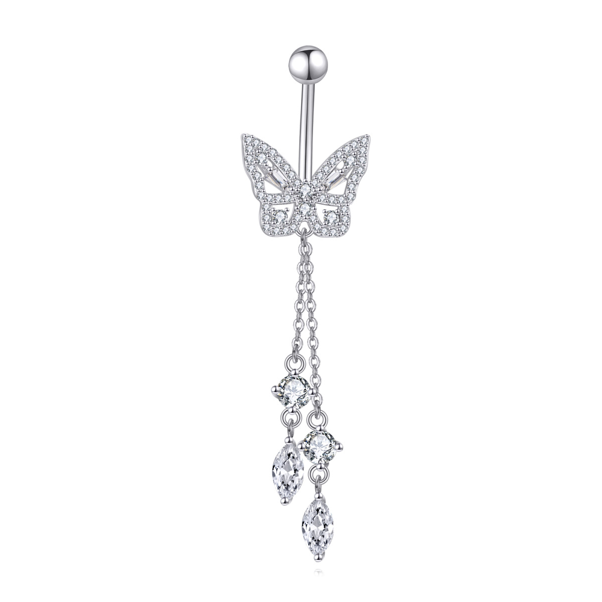 Anillo de ombligo con mariposa de moissanita en oro blanco de 14 quilates-1
