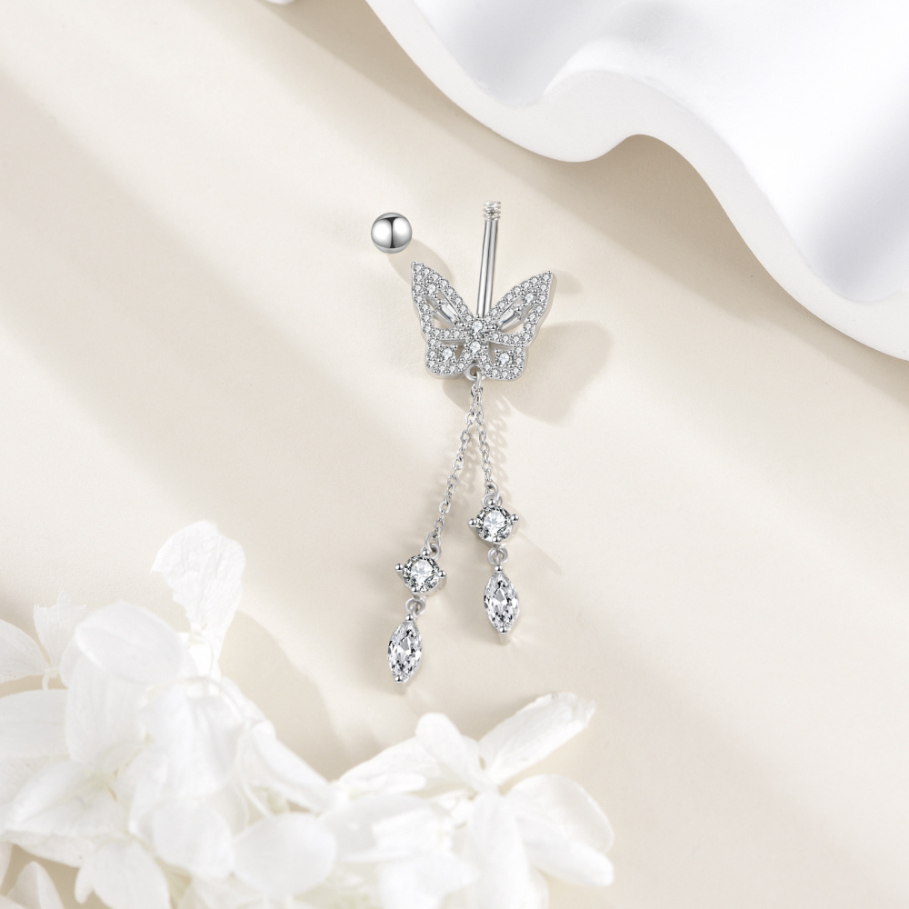 Sterling Silver Moissanite Butterfly Belly Button Ring-4