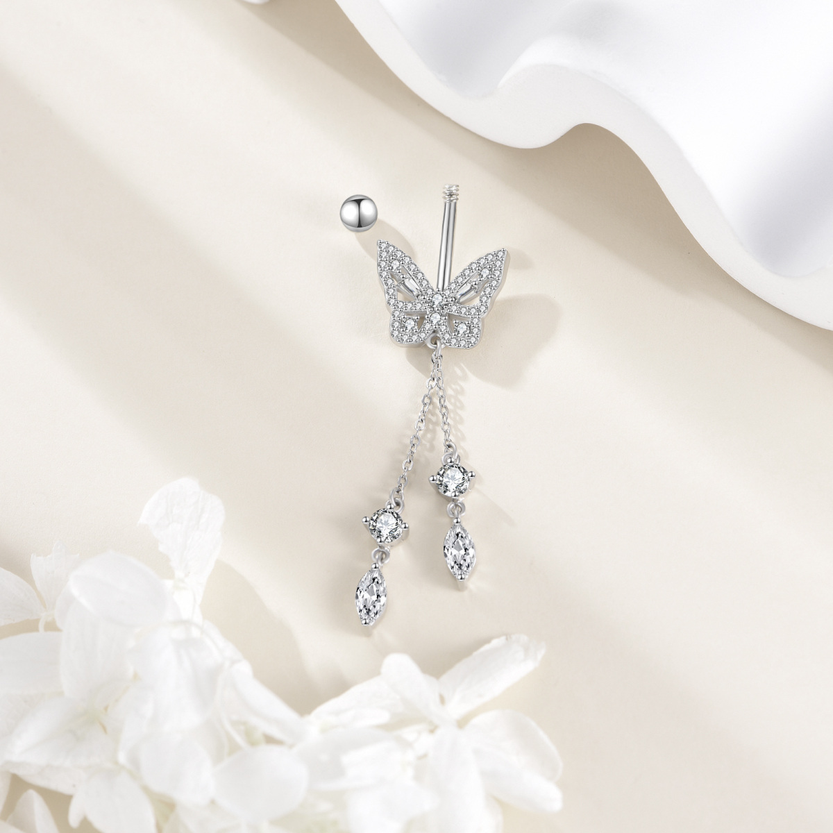 Anillo de ombligo con mariposa de moissanita en oro blanco de 14 quilates-4