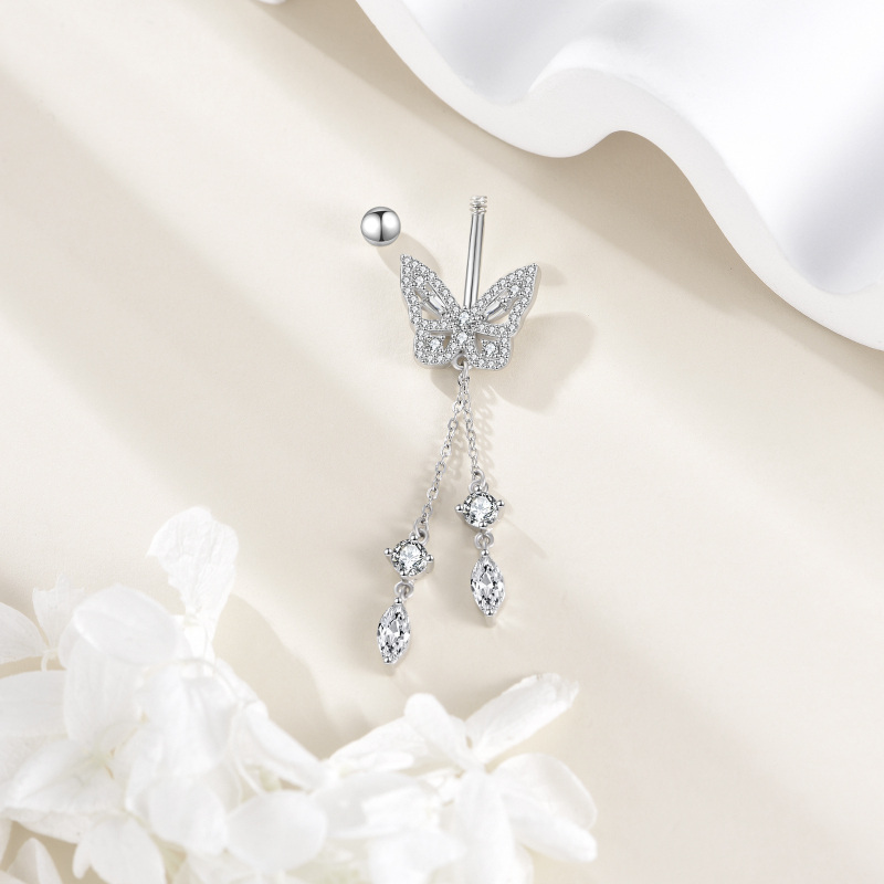 Piercing para umbigo em forma de borboleta com moissanita em prata de lei-4