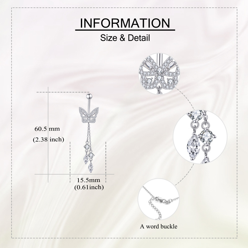 Piercing para umbigo em forma de borboleta com moissanita em prata de lei-5