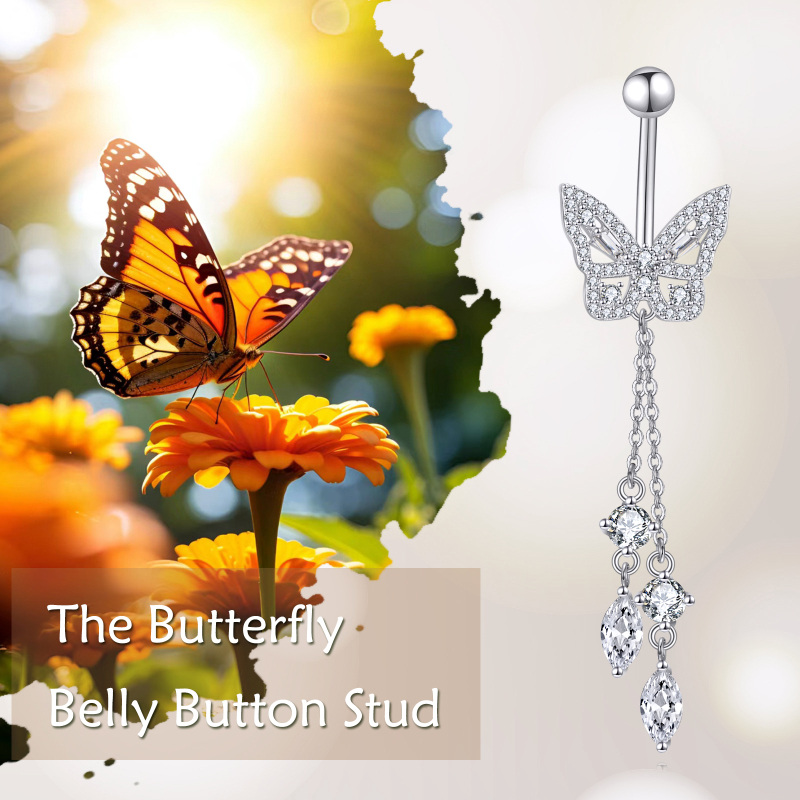 Piercing para umbigo em forma de borboleta com moissanita em prata de lei-6