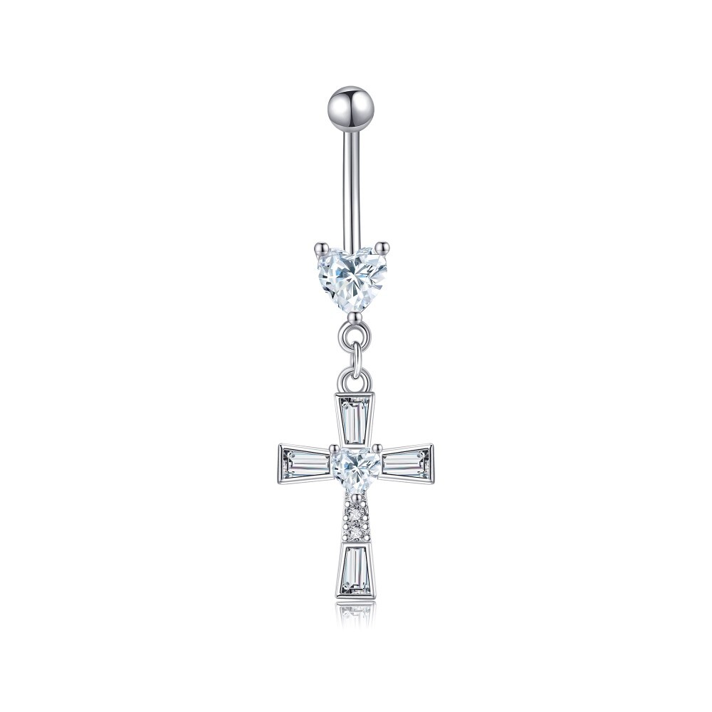 Sterling Silver Moissanite Cross Belly Button Ring-1