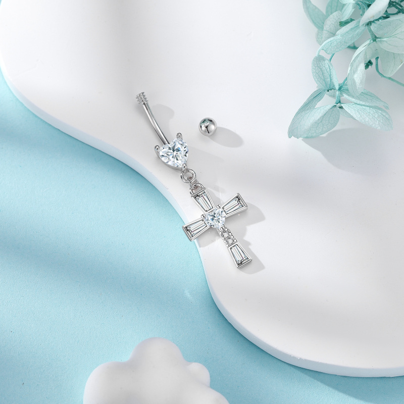 Sterling Silver Moissanite Cross Belly Button Ring-3