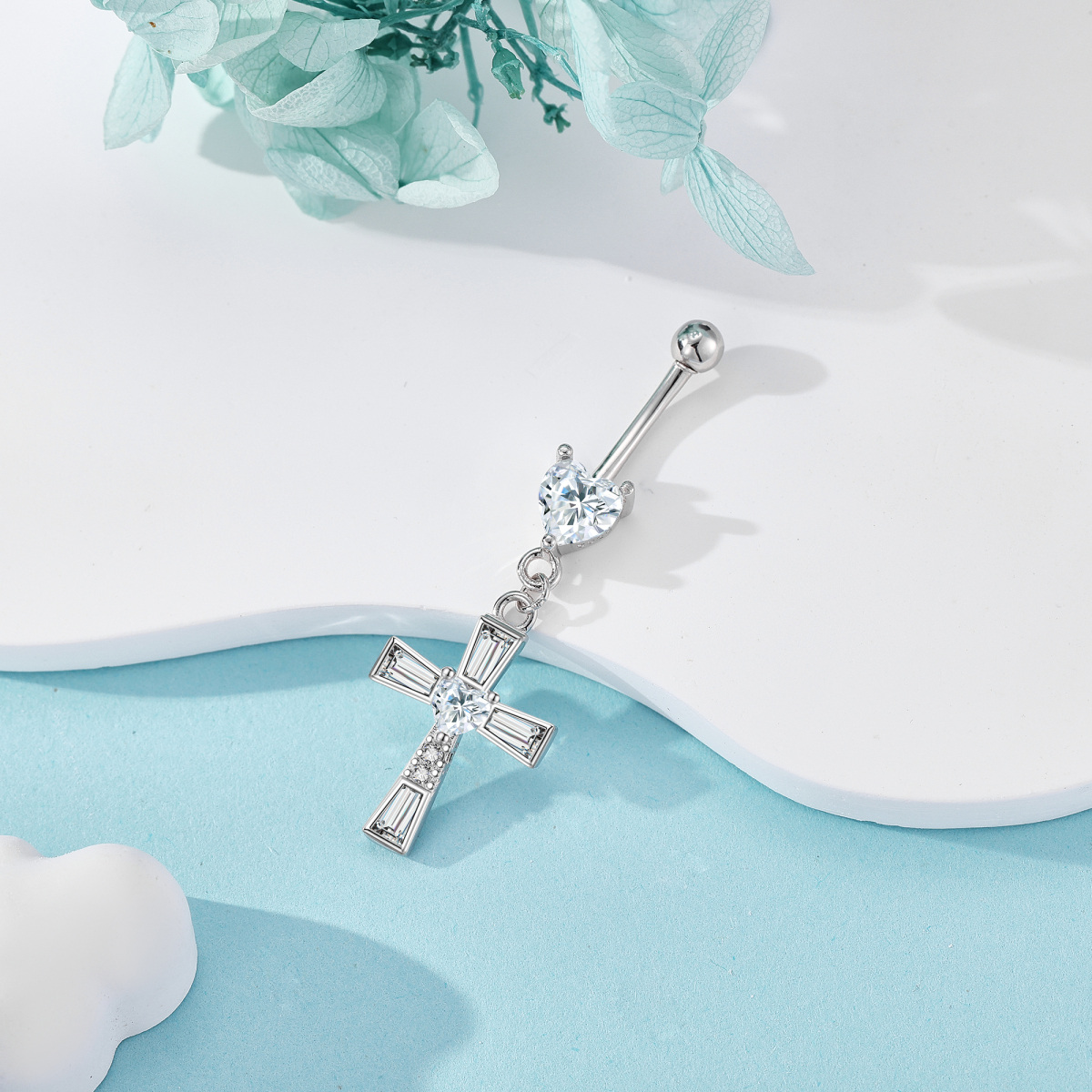Anillo de ombligo con cruz de moissanita en plata de ley-4
