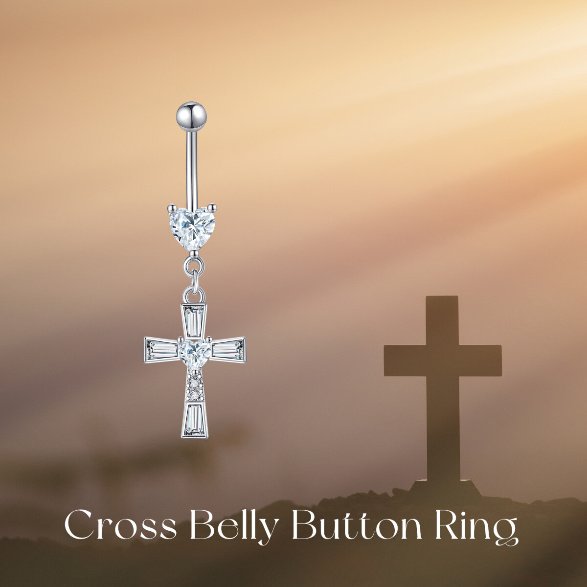 Anillo de ombligo con cruz de moissanita en plata de ley-6