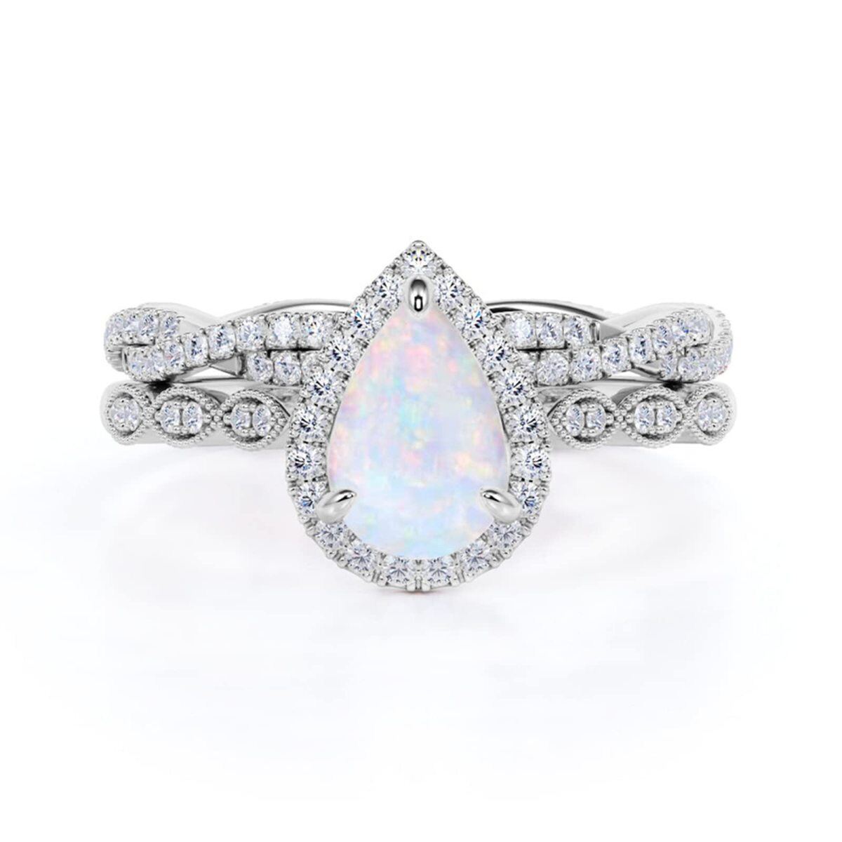 10K White Gold Moissanite Drop Shape Blue Opal Personalized Engraving Engagement Ring-1