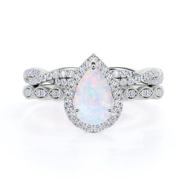 18K White Gold Moissanite Drop Shape Blue Opal Personalized Engraving Engagement Ring-1