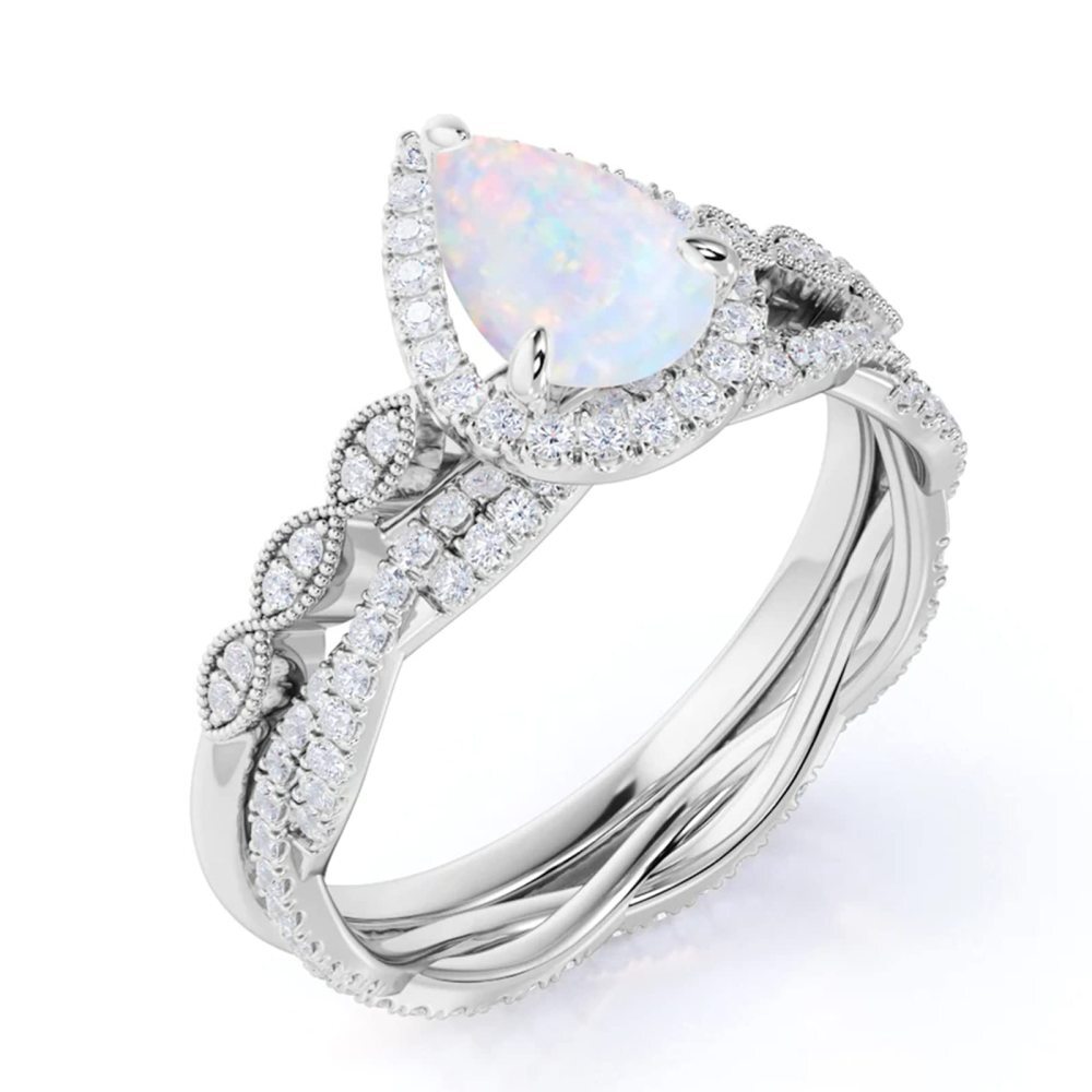 Anillo de compromiso de plata de ley con moissanita en forma de gota y ópalo azul con grabado personalizado-3