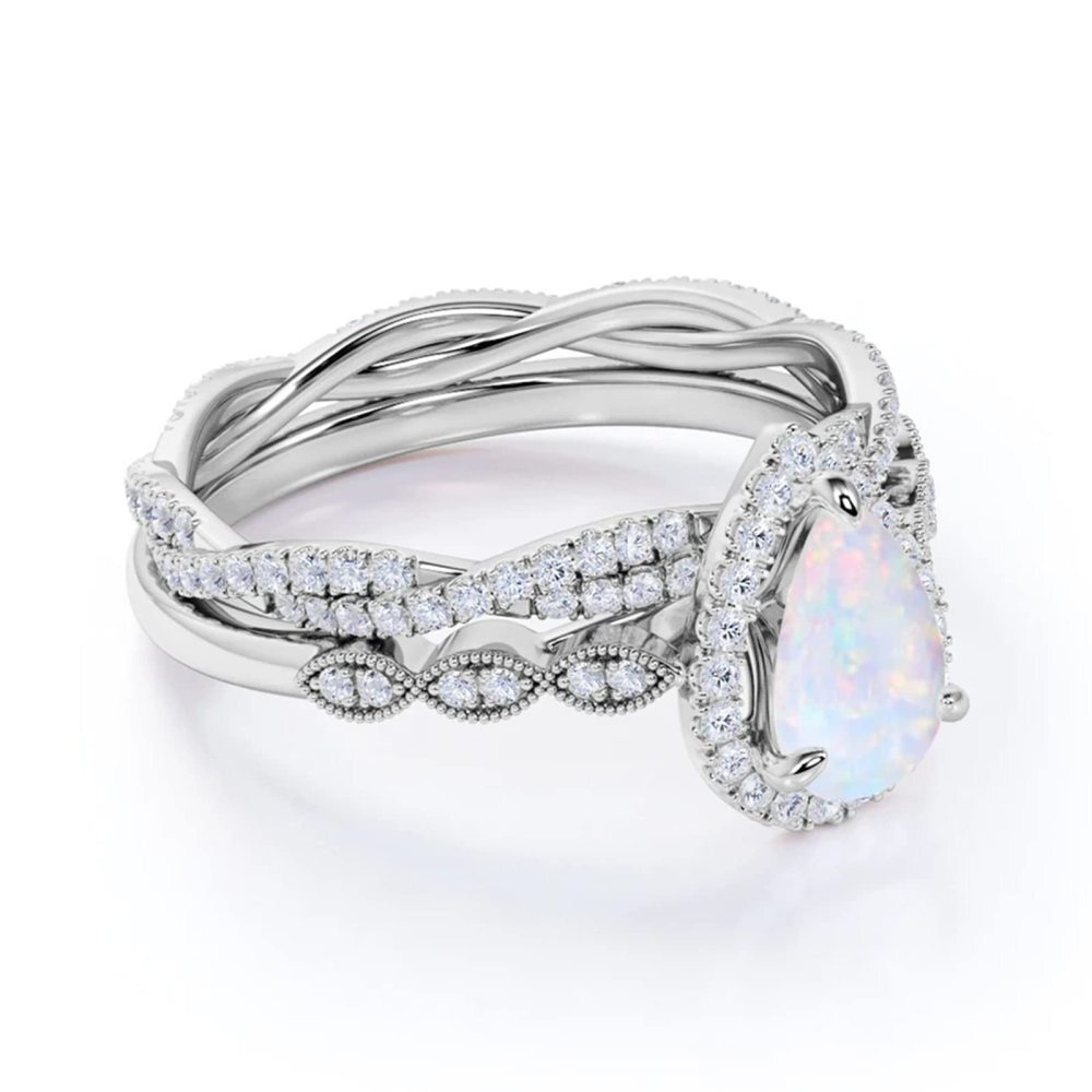 Anillo de compromiso de plata de ley con moissanita en forma de gota y ópalo azul con grabado personalizado-4