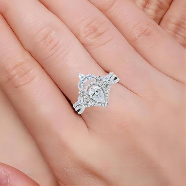 Anel de noivado de casal e gravação personalizada Moissanite em ouro branco 10K-2