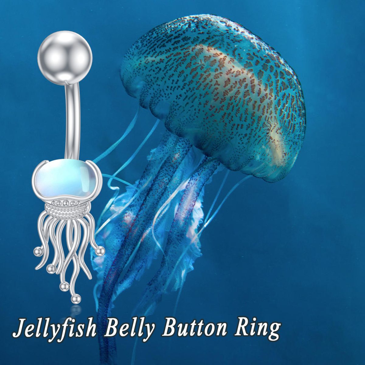 Anillo de ombligo con forma de medusa de piedra lunar en oro blanco de 14 quilates-6