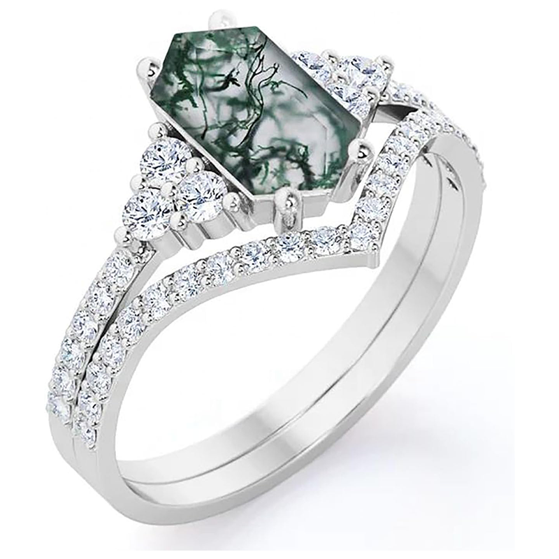 18K White Gold Moss Agate With Moissanite Ring-1