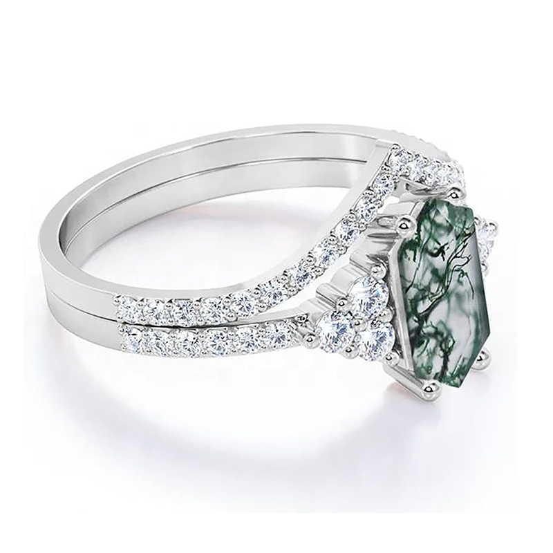 10K White Gold Moss Agate With Moissanite Ring-2