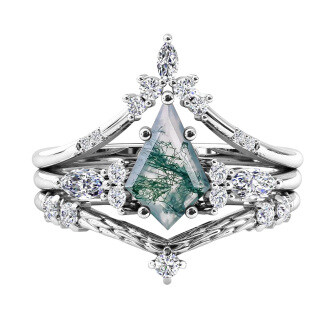 10K White Gold Moss Agate Stackable Ring-15