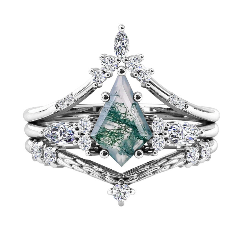 10K White Gold Moss Agate Stackable Ring-17