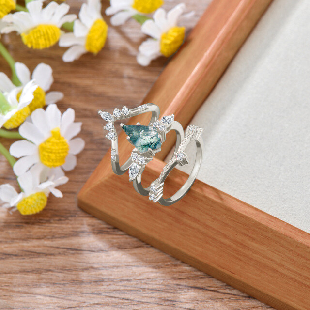 10K White Gold Moss Agate Stackable Ring-3