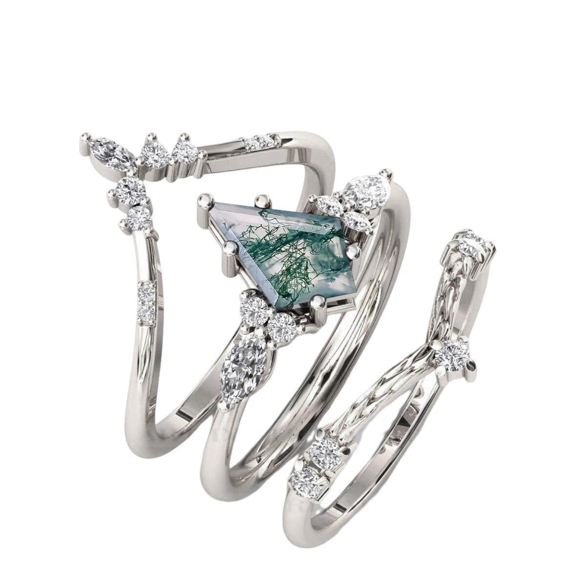 10K White Gold Moss Agate Stackable Ring-4