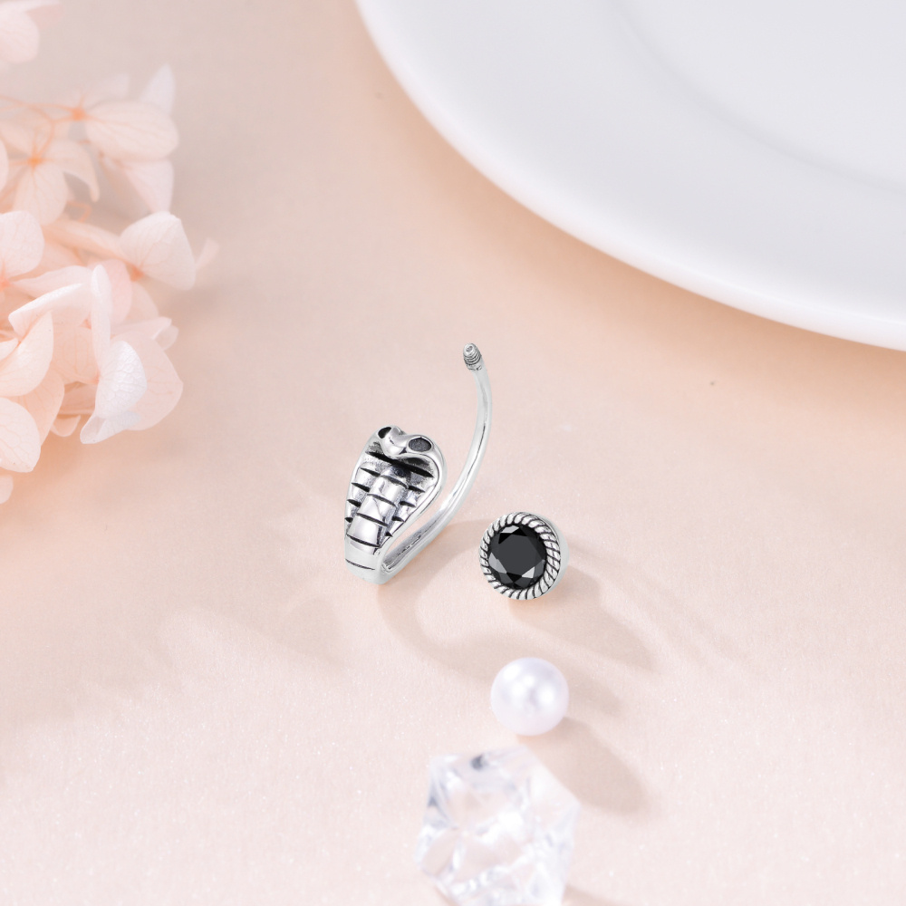 Anello per ombelico in argento sterling con serpente in ossidiana-4