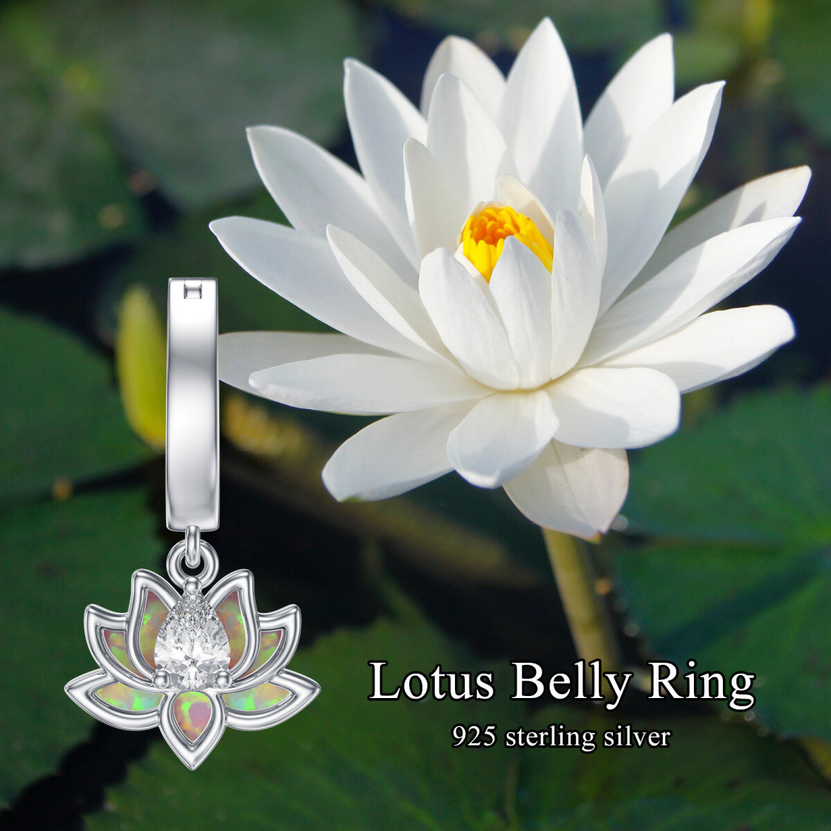 Anillo de ombligo con loto de ópalo en oro blanco de 18 quilates-6