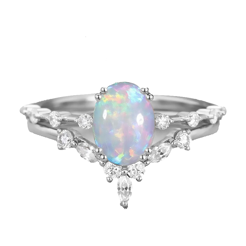 14K White Gold Opal With Moissanite Ring-1