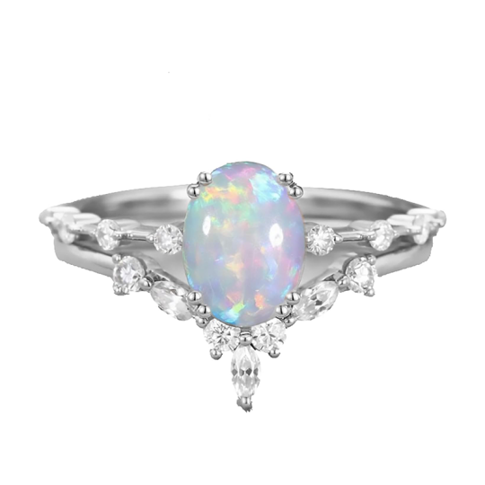 10K White Gold Opal With Moissanite Ring