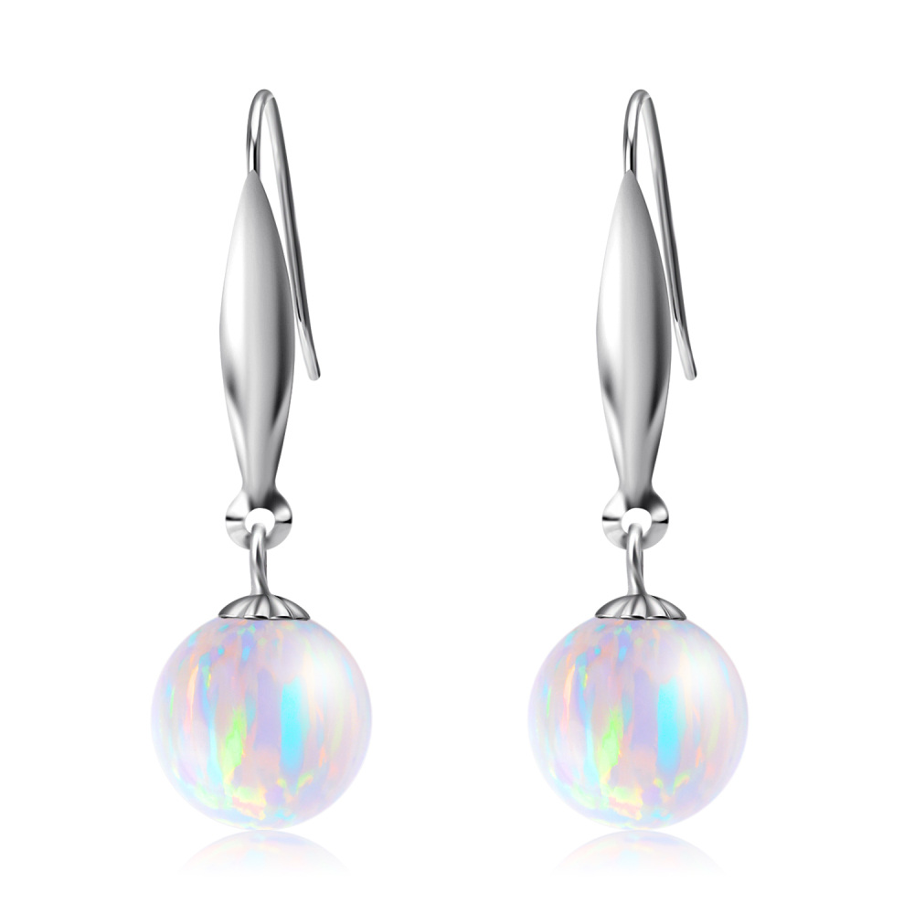 10K White Gold Opal Round Drop Earrings-1