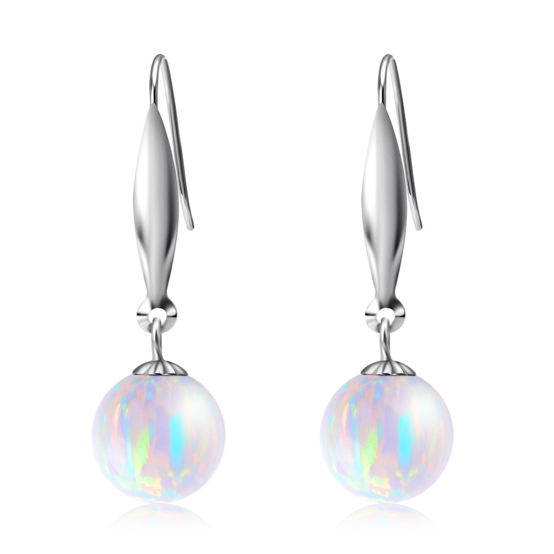 10K White Gold Opal Round Drop Earrings-7
