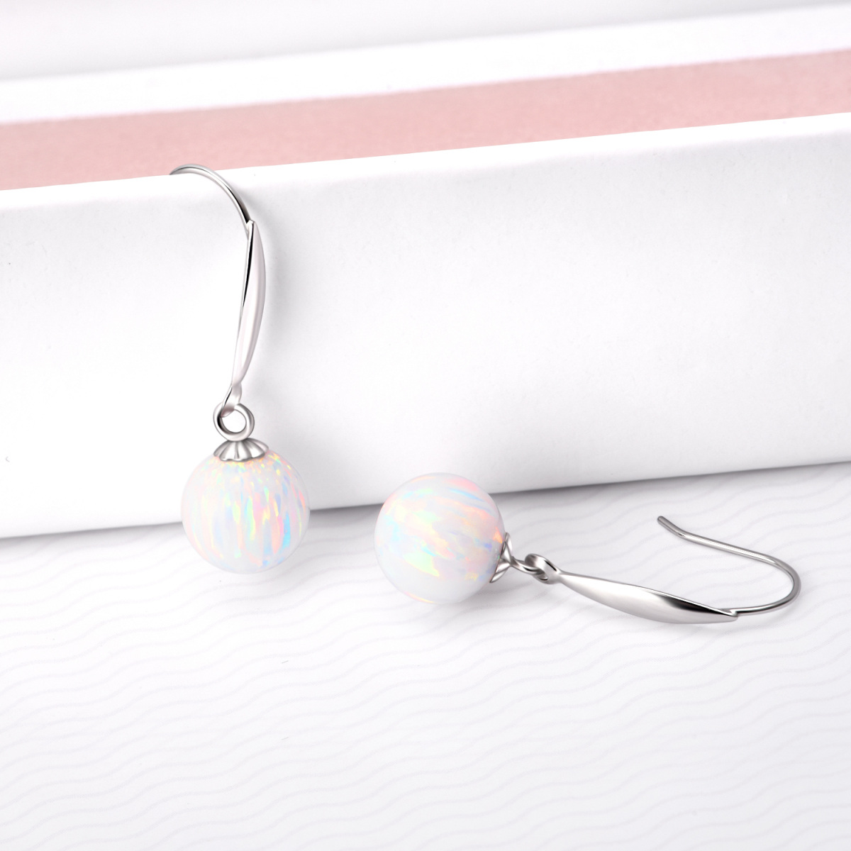 18K White Gold Opal Round Drop Earrings-3