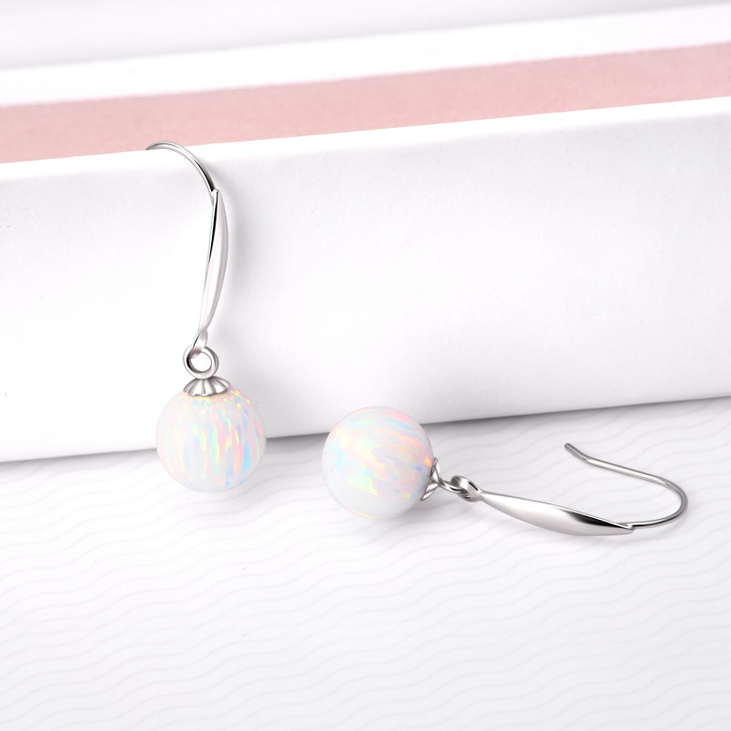 10K White Gold Opal Round Drop Earrings-3