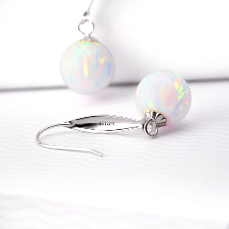 10K White Gold Opal Round Drop Earrings-4