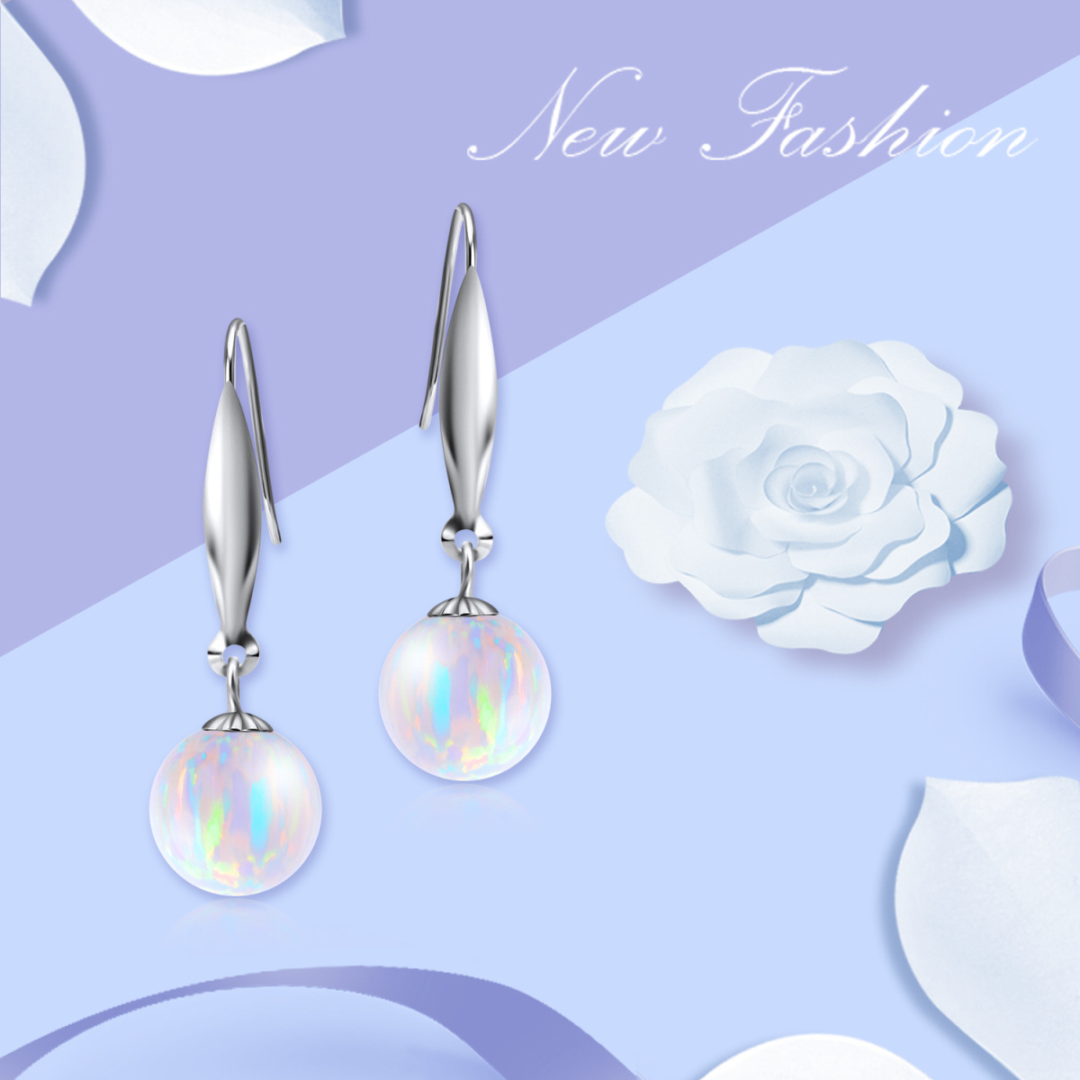 18K White Gold Opal Round Drop Earrings-6