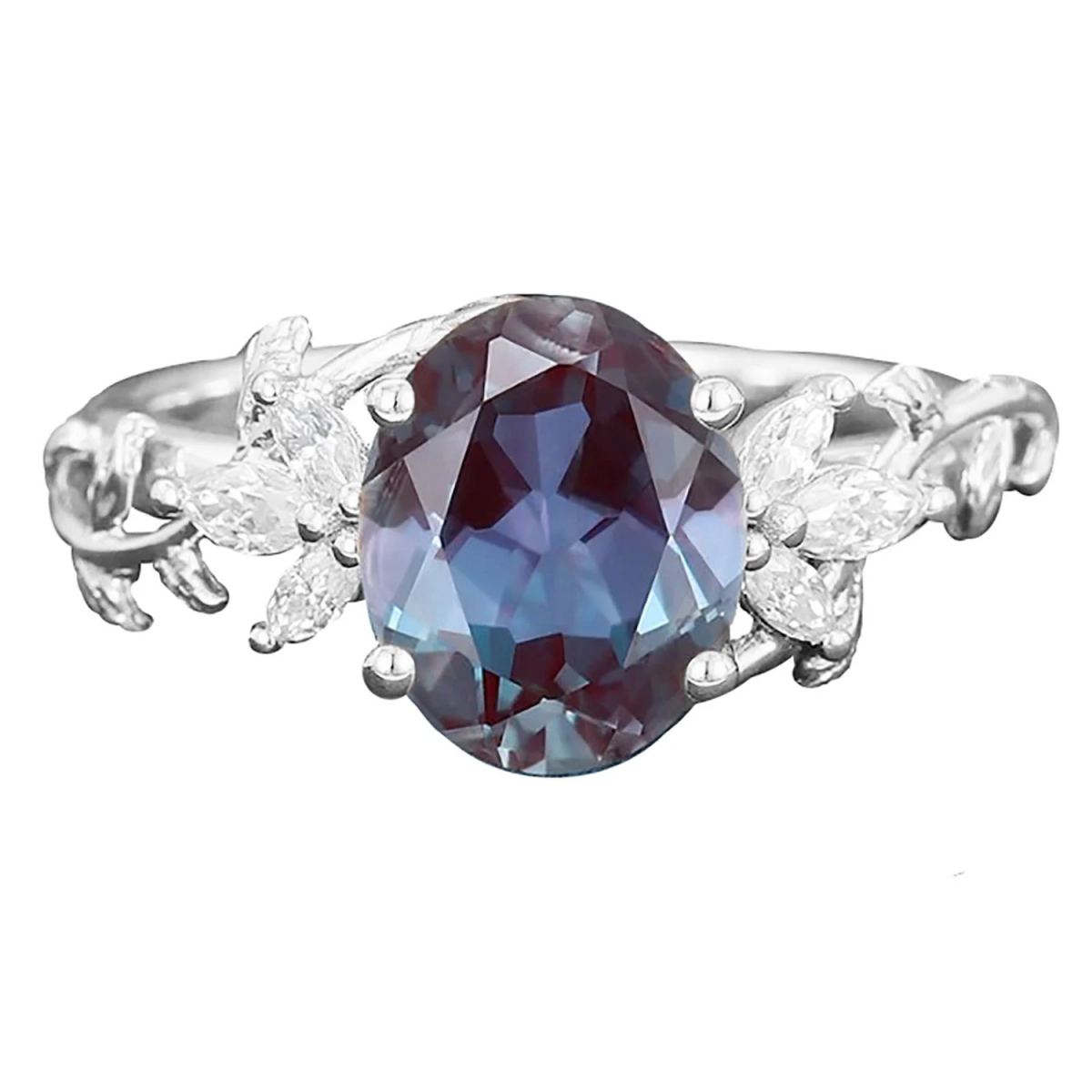 Bague en or blanc 14 carats avec alexandrite ovale et moissanite-1