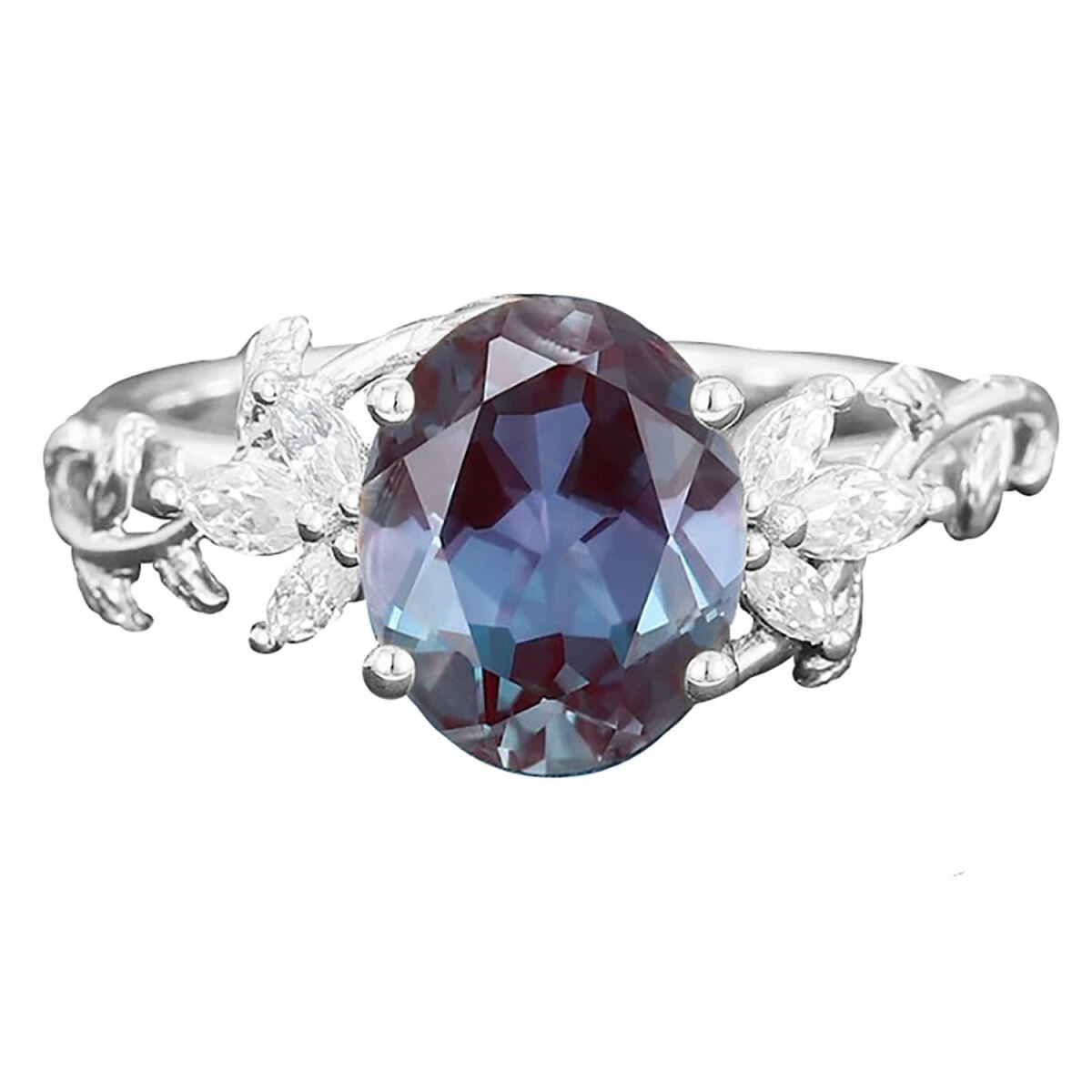 18K White Gold Oval Alexandrite With Moissanite Ring-2