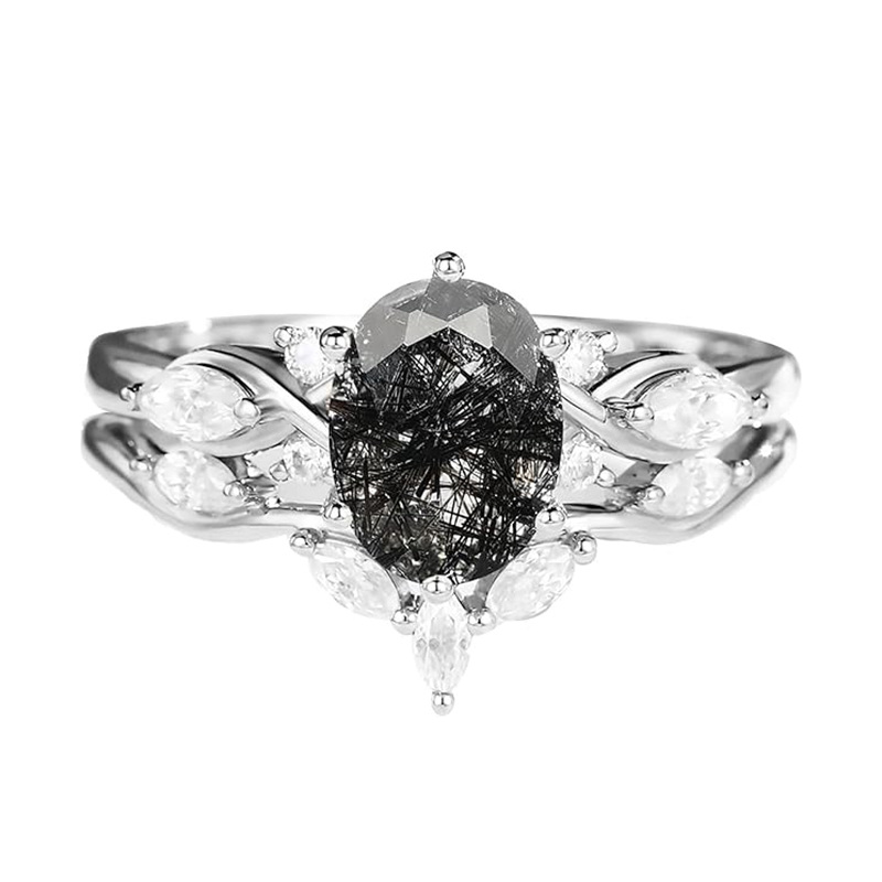 Bague de fiançailles en or blanc 18 carats avec moissanite et quartz rutile noir à taille ovale-1