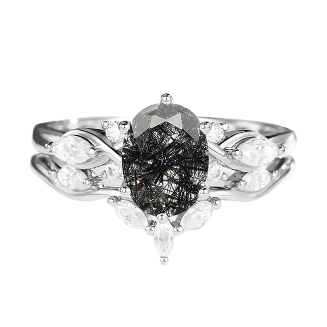 Bague de fiançailles en or blanc 18 carats avec moissanite et quartz rutile noir à taille ovale-1