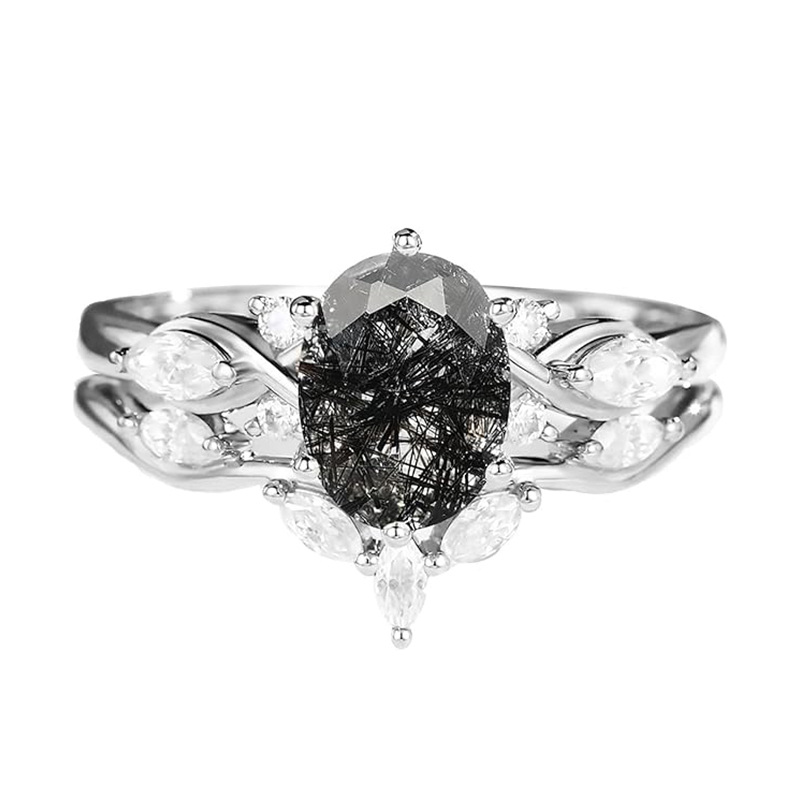 14K White Gold Oval-Cut Black Rutilated Quartz Moissanite Engagement Ring-2