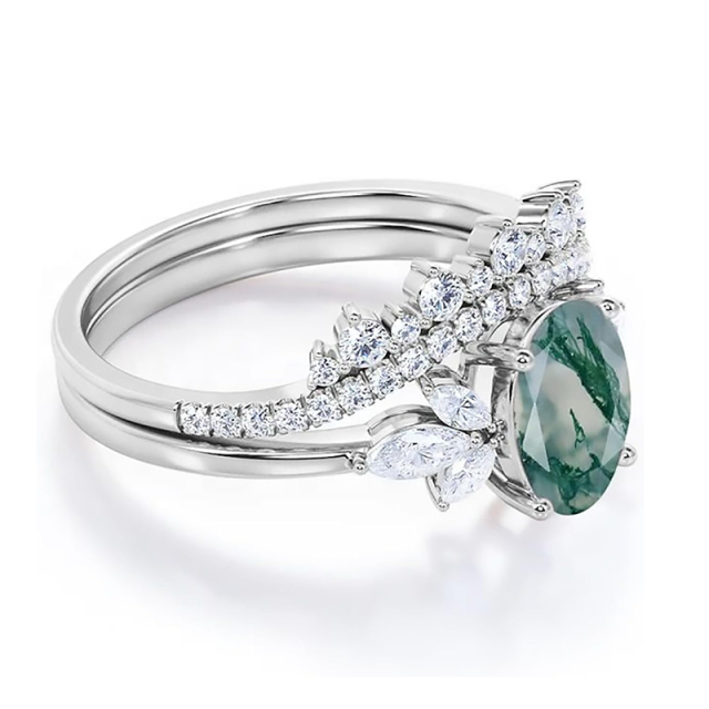 18K White Gold Oval Moss Agate With Moissanite Ring-2