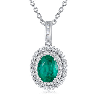 10K White Gold Oval Diamond Emerald Pendant Necklace For Women-44