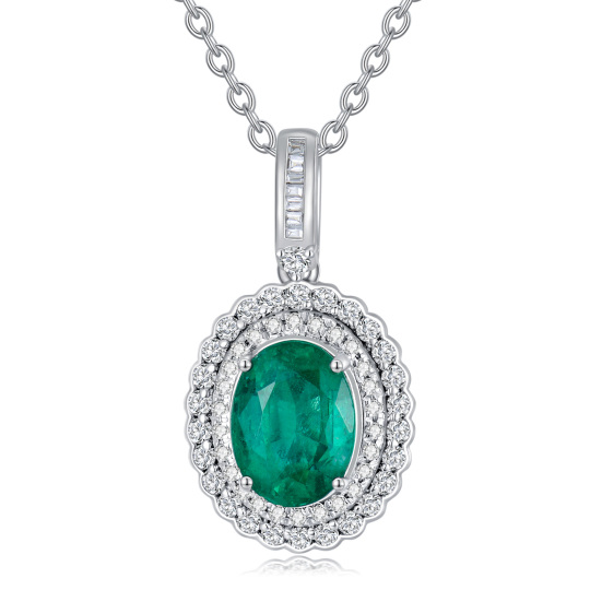 18K White Gold Oval Shaped Diamond & Emerald Oval Shaped Pendant Necklace