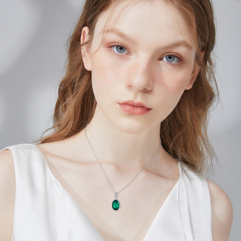 10K White Gold Oval Shaped Emerald Round Pendant Necklace-2