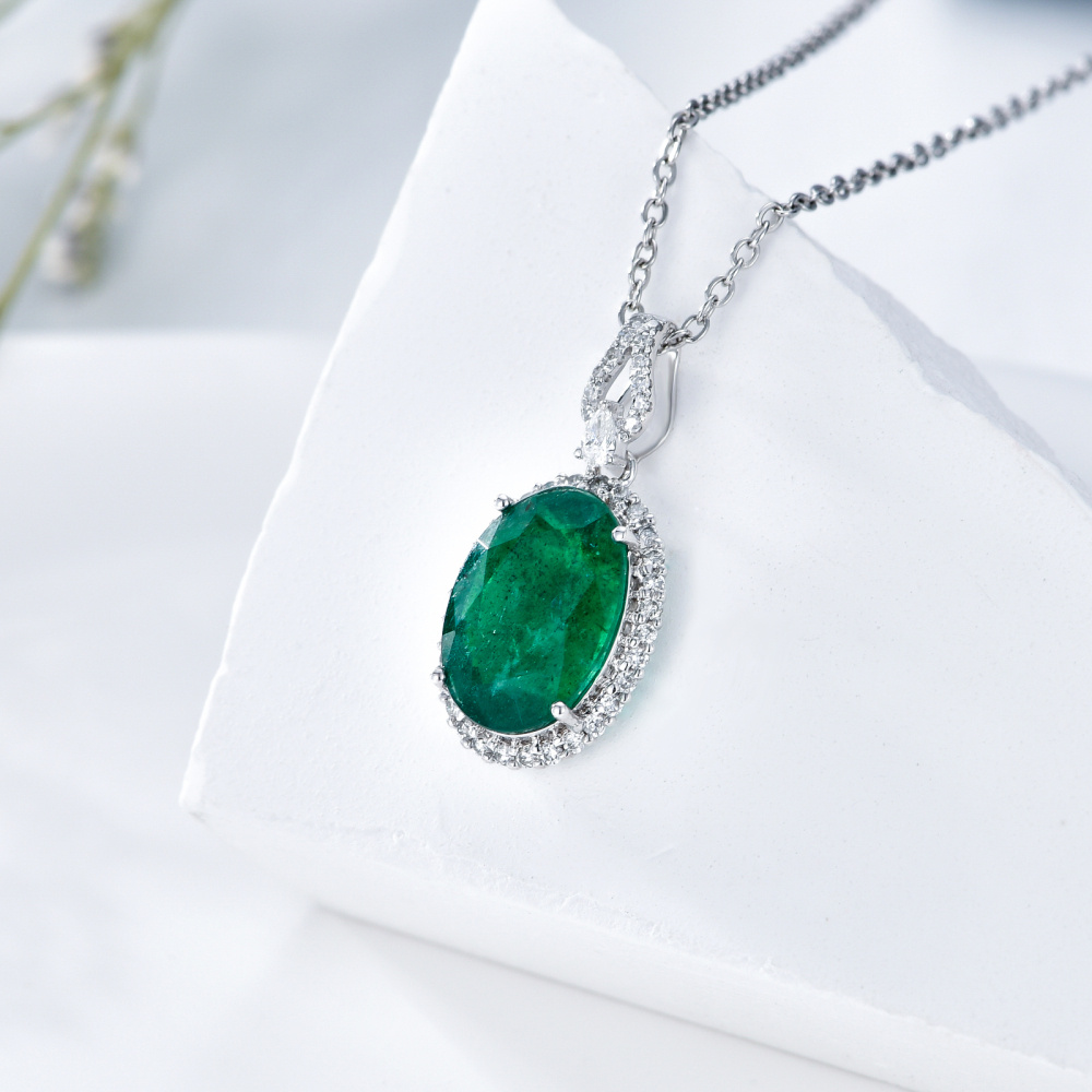 10K White Gold Oval Shaped Emerald Round Pendant Necklace-3