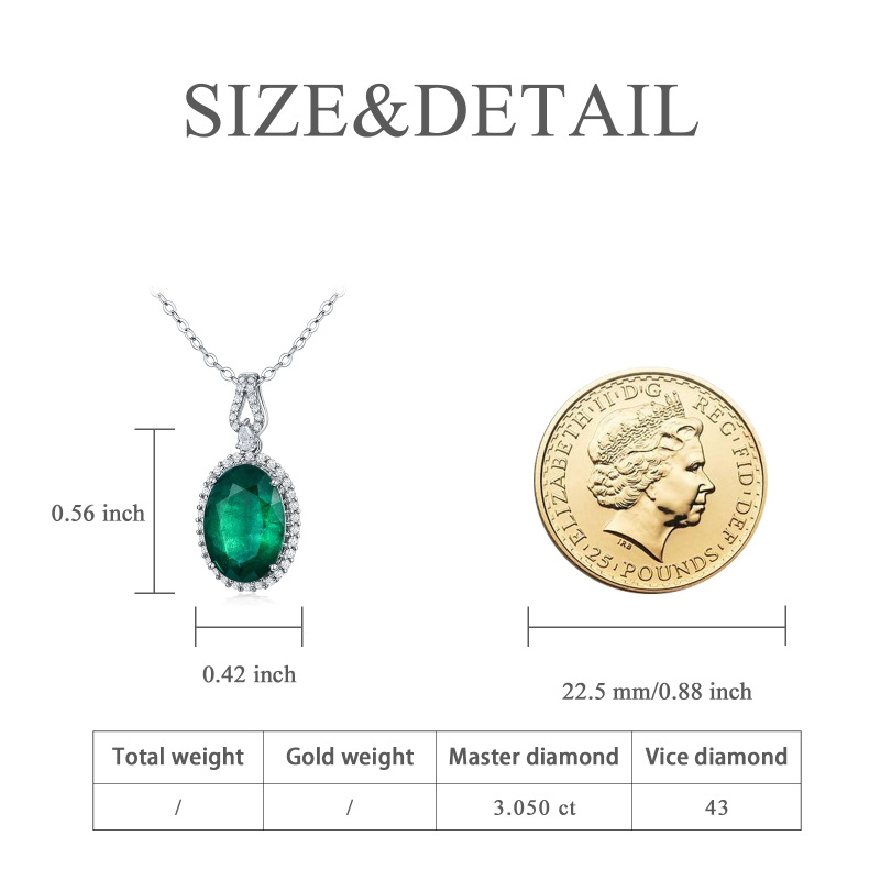 18K White Gold Oval Shaped Emerald Round Pendant Necklace-5