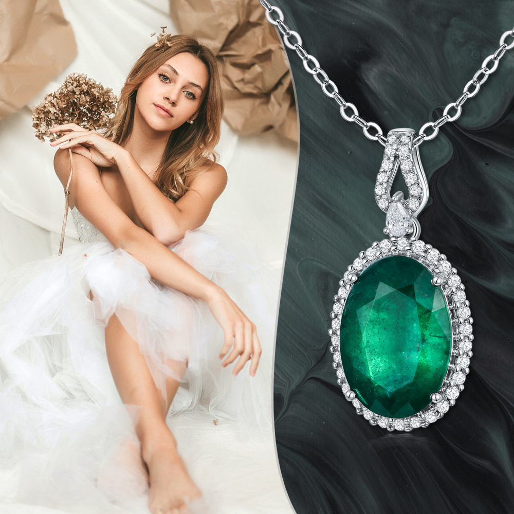 10K White Gold Oval Shaped Emerald Round Pendant Necklace-6
