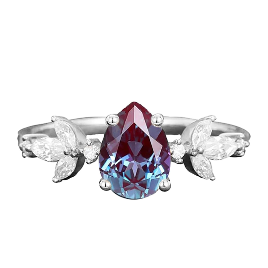 Bague en or blanc 18 carats avec alexandrite et moissanite en forme de poire-1